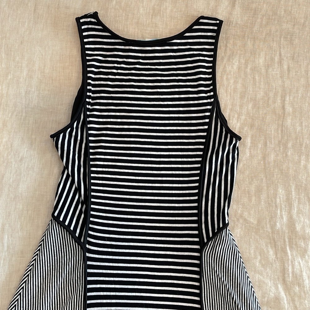 Sleeveless Striped Black and White Fit and Flare High Neck Dress - Picture 4 of 5